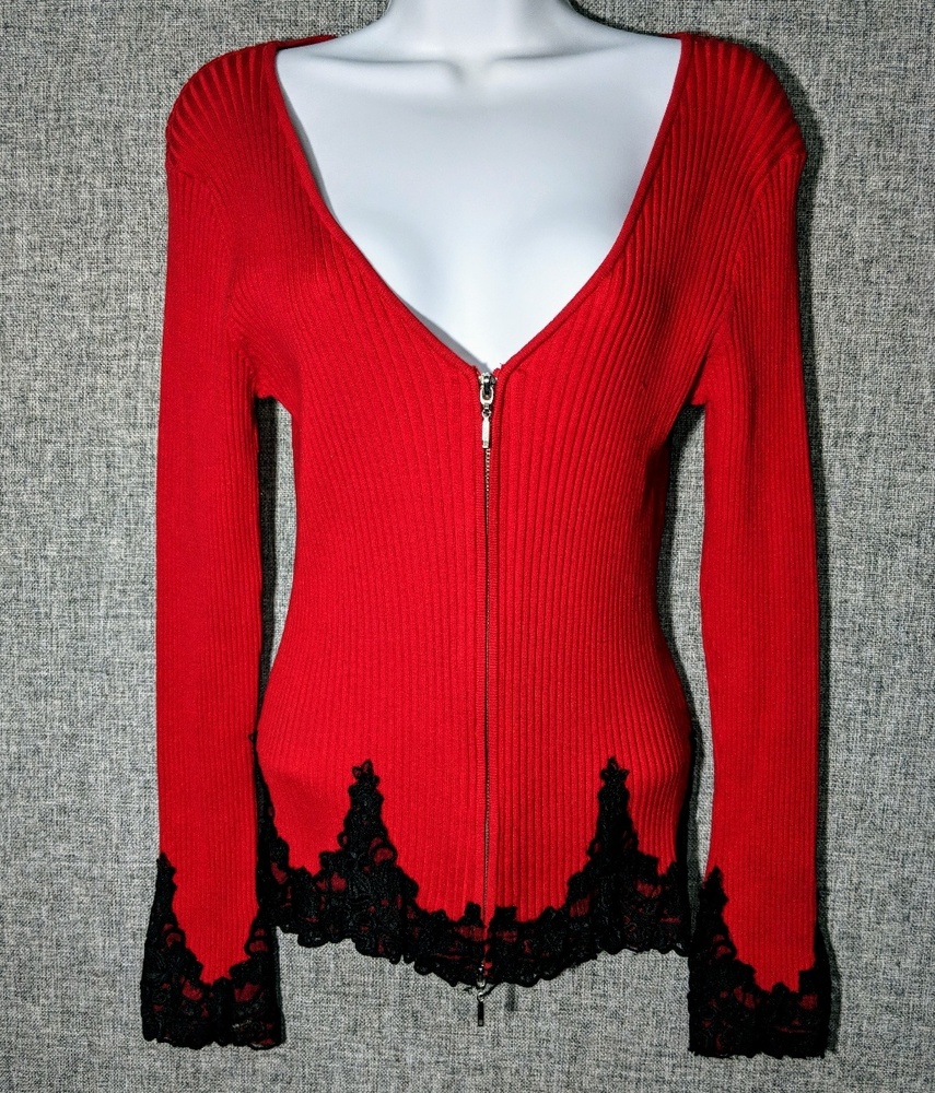 WR Brand Cardigan Sweater w/Black Lace Trim & Zip